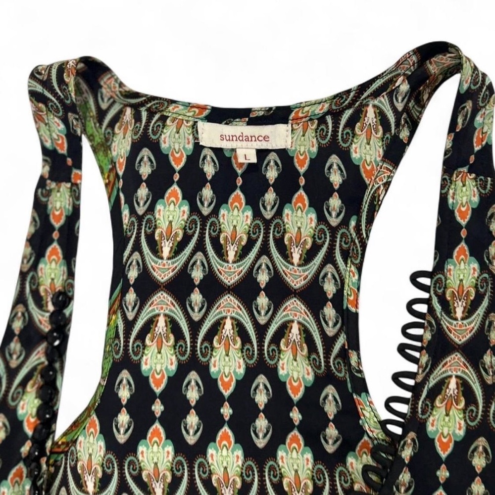 Indie Paisley 100% Silk Sleeve-less Razor Back Napoleon Style Button Down Size L - Picture 5 of 8